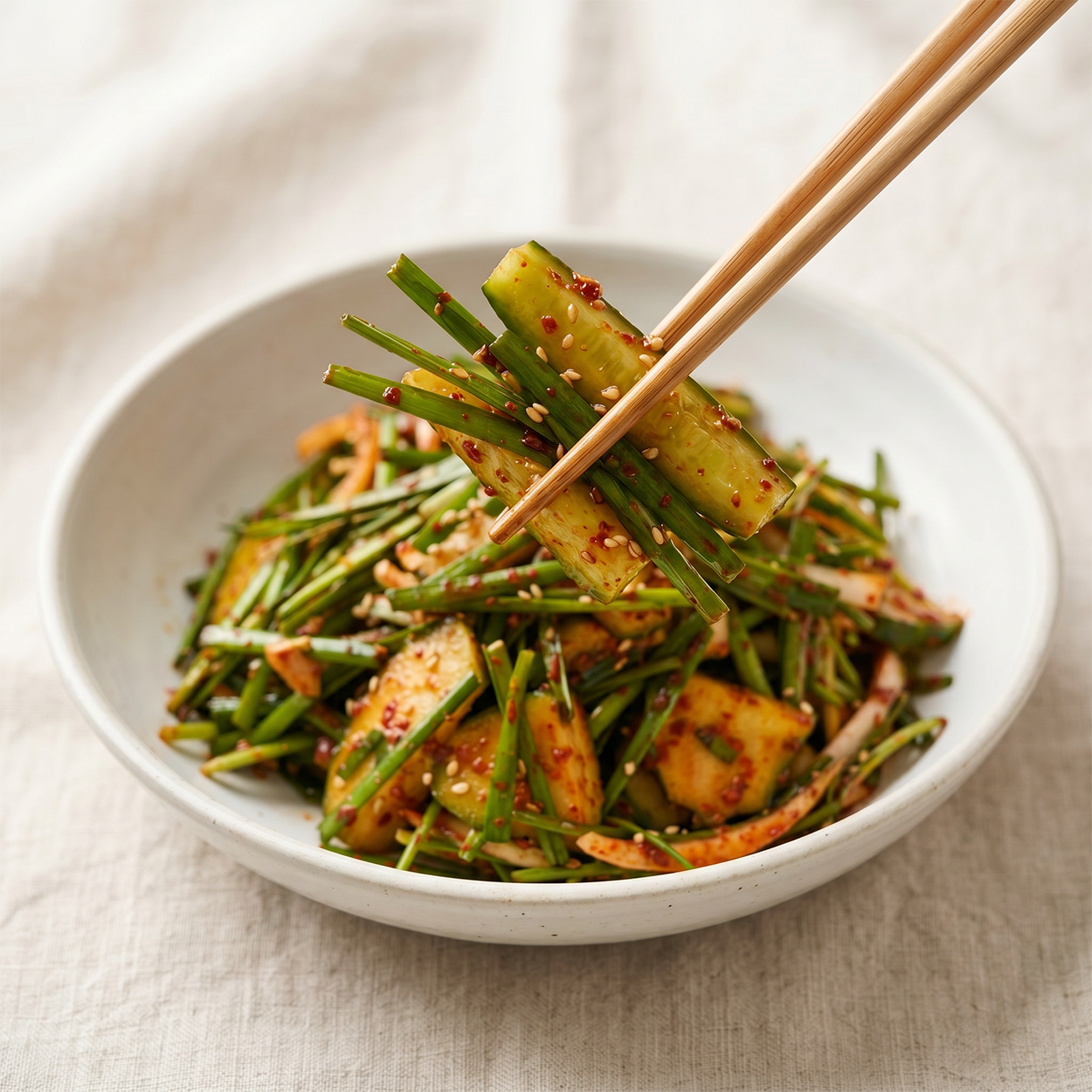 Oi buchu-muchim (Korean cucumber and chive salad) | Banchan365