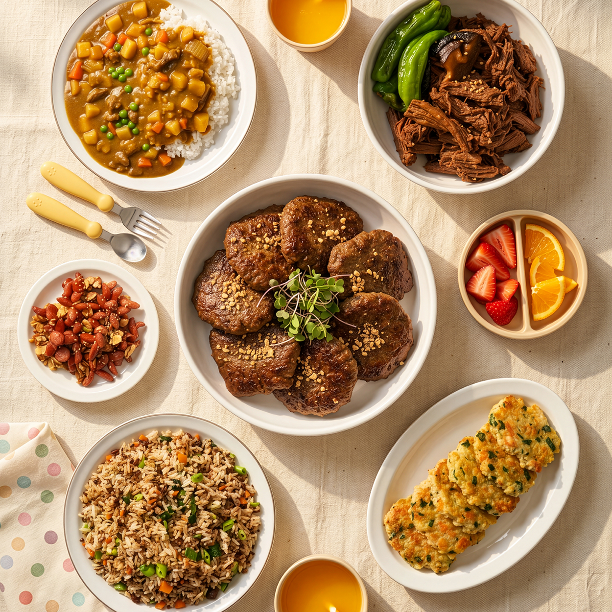 An overhead flat-lay of a multi-dish meal set on a textured cream background. The dishes include sliced cooked meatballs with herbs, a bowl of fried rice with vegetables, a plate of red chili oil, a bowl of stewed vegetables and rice, shredded meat with green beans, and a row of golden-brown patties.