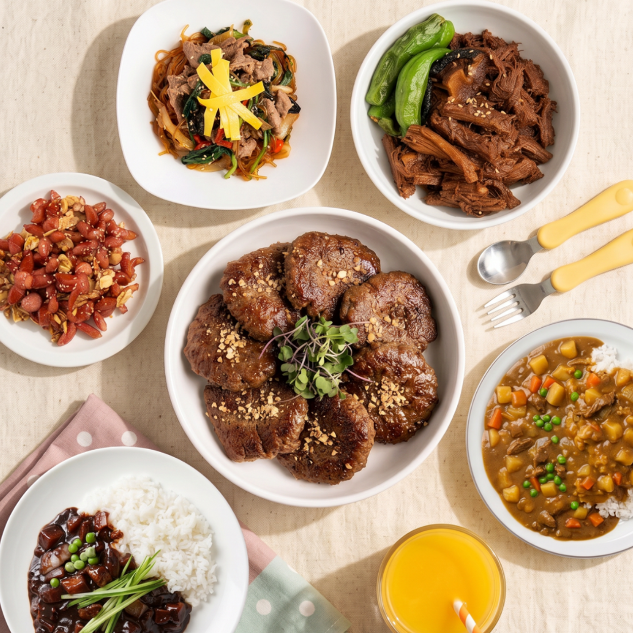 An overhead flat-lay of a multi-dish meal set on a textured cream background. The dishes include sliced cooked meatballs with herbs, a bowl of fried rice with vegetables, a plate of red chili oil, a bowl of stewed vegetables and rice, shredded meat with green beans, and a row of golden-brown patties.