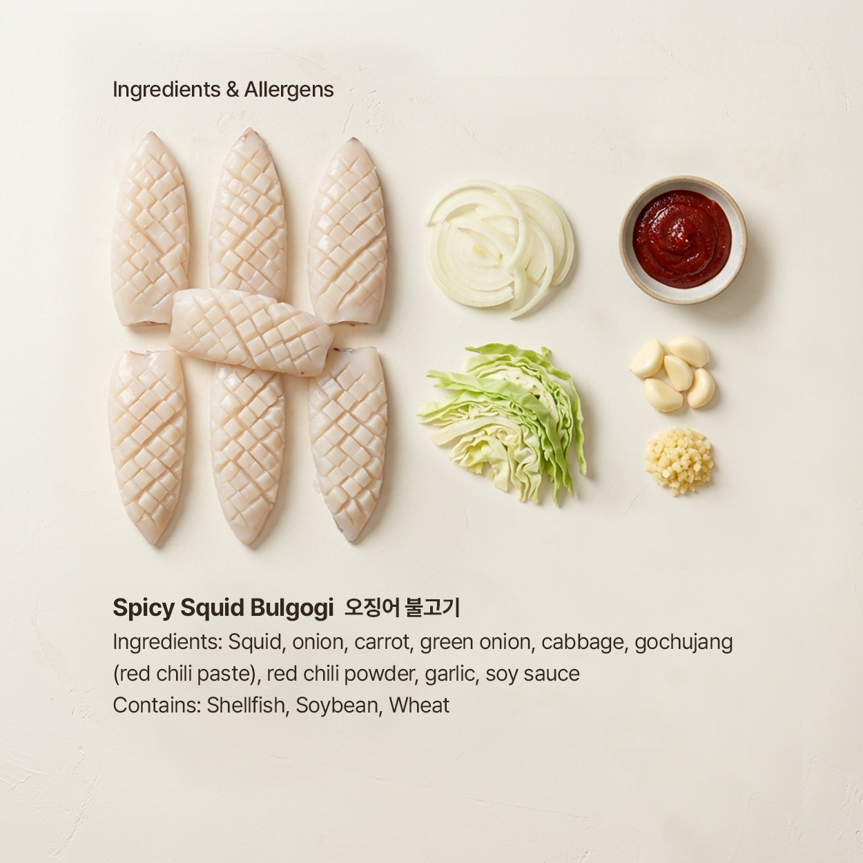 Flat-lay of raw squid cutlets arranged on a light beige background with sliced onion, cabbage, garlic, chili paste, and a small bowl of red sauce. Text at the top reads &