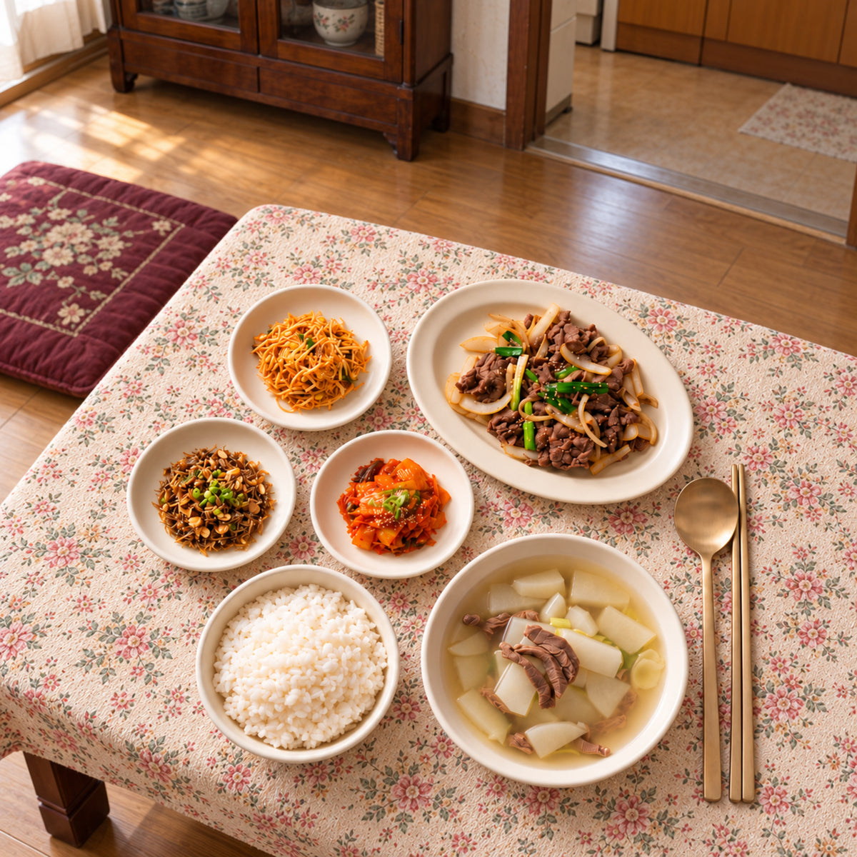 Beef bulgogi and radish soup Korean meal set with bean sprouts, anchovies with almonds, stir-fried kimchi and rice.