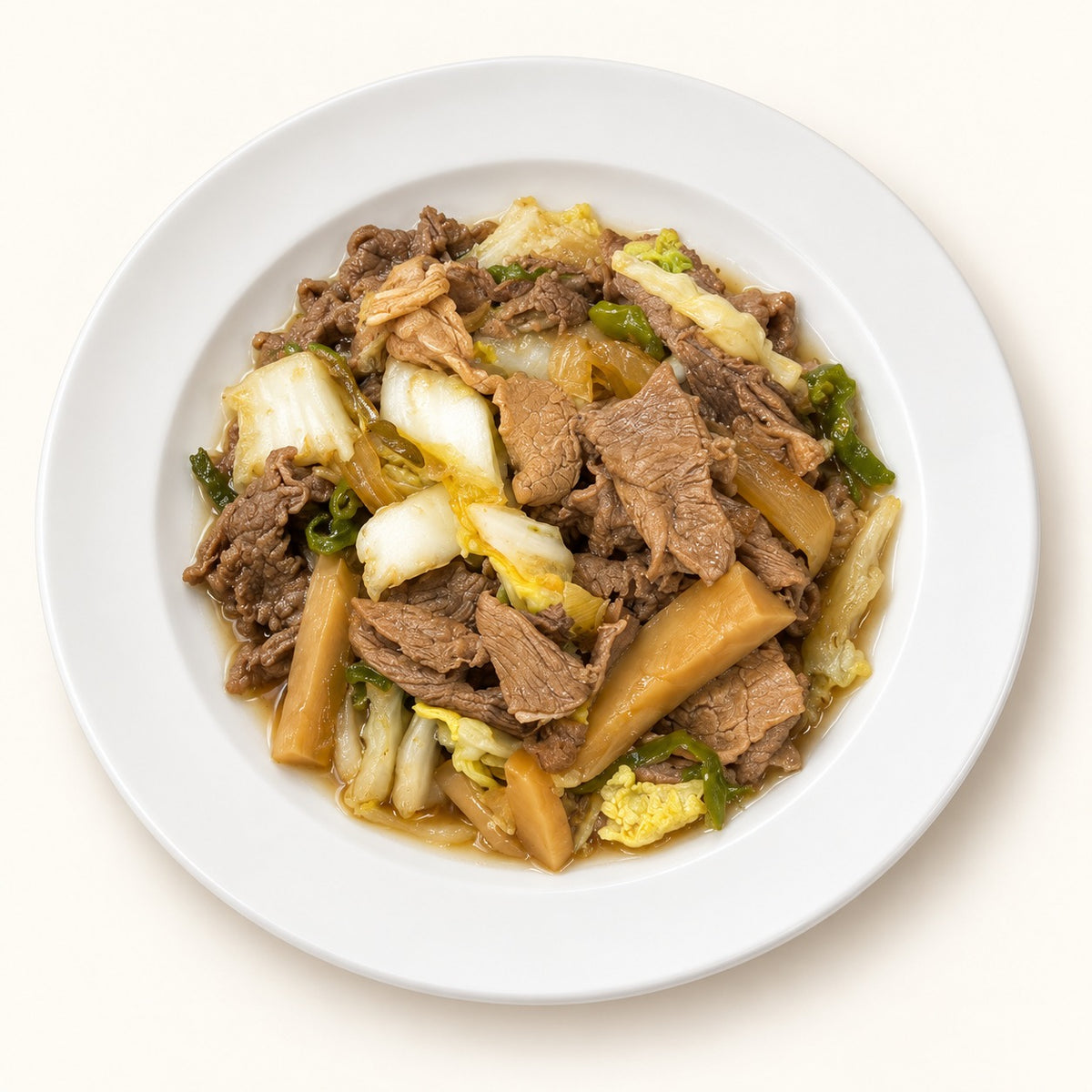 Beef Sukiyaki – sliced beef simmered with napa cabbage and vegetables in soy broth, fully cooked and frozen | Banchan365