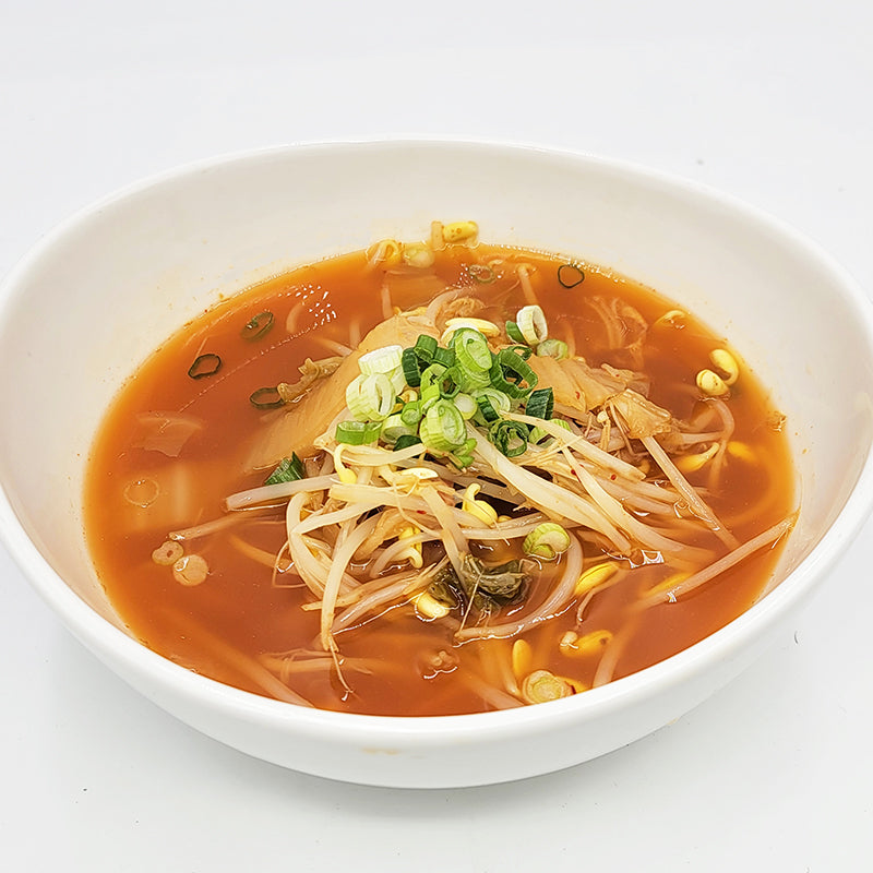 Close-up view of Kimchi kongnamul-guk (Korean kimchi bean sprout soup) | Banchan365