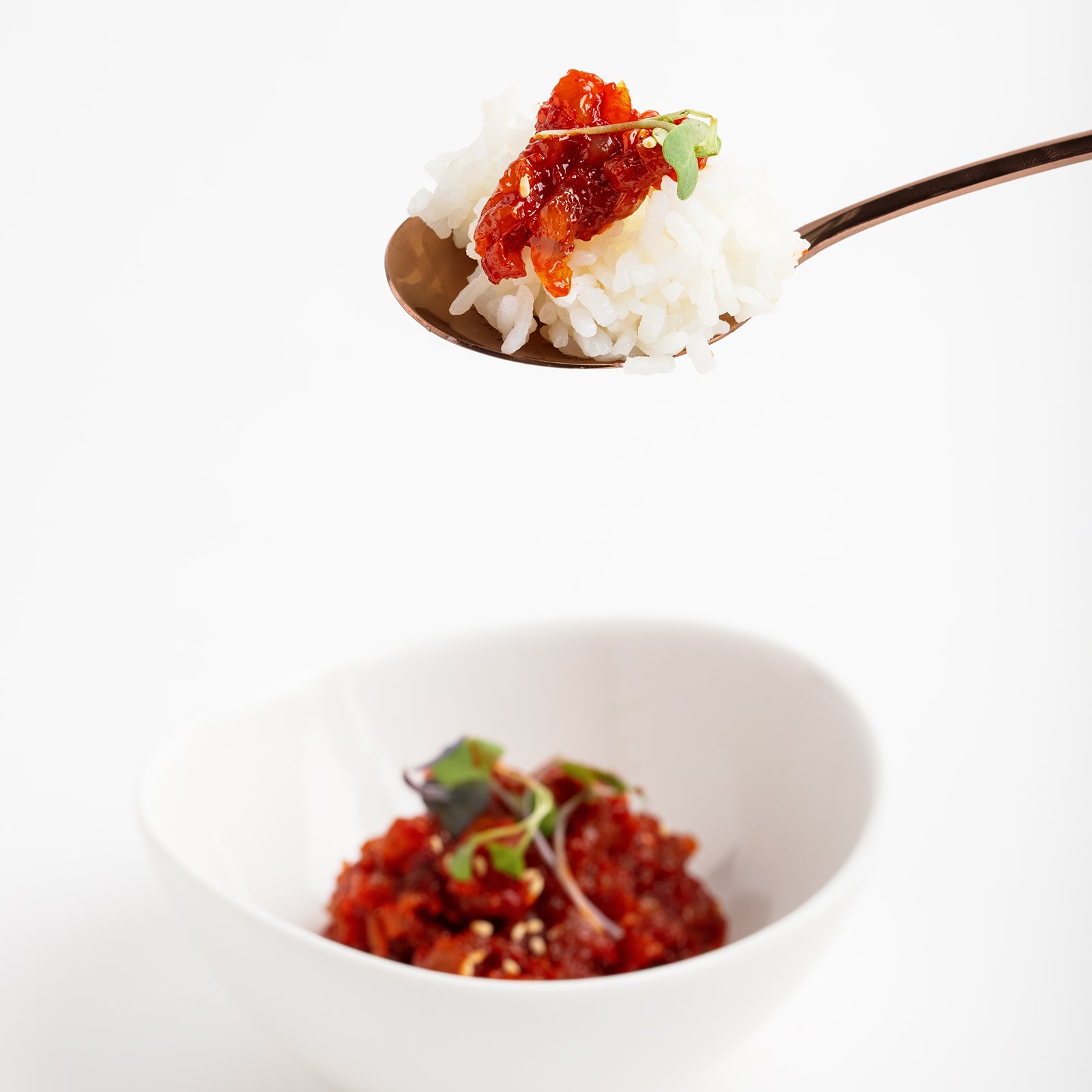 Close-up view of Ojingeo tangtangi (Korean spicy chopped squid, fermented) | Banchan365