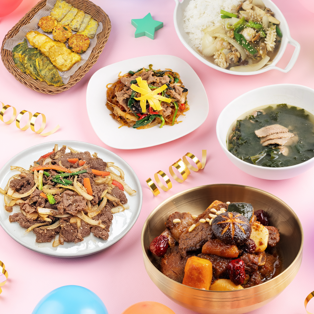 Korean birthday table set – galbi-jjim, japchae, miyeok-guk full meal | Banchan365