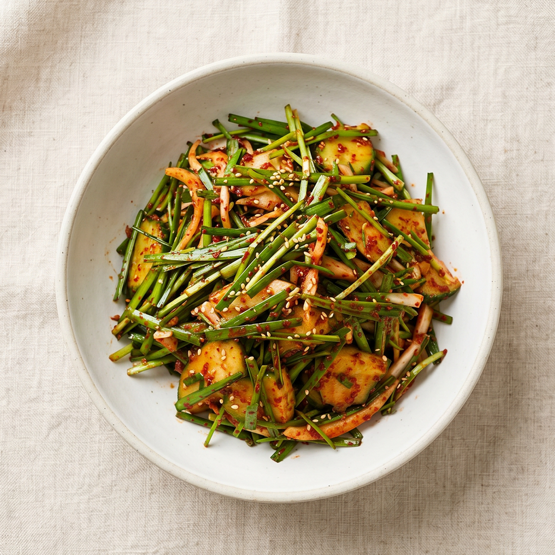 Oi buchu-muchim (Korean cucumber and chive salad) | Banchan365