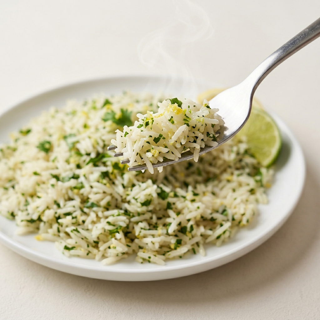 Close-up of lemon lime herb rice on a fork | Banchan365