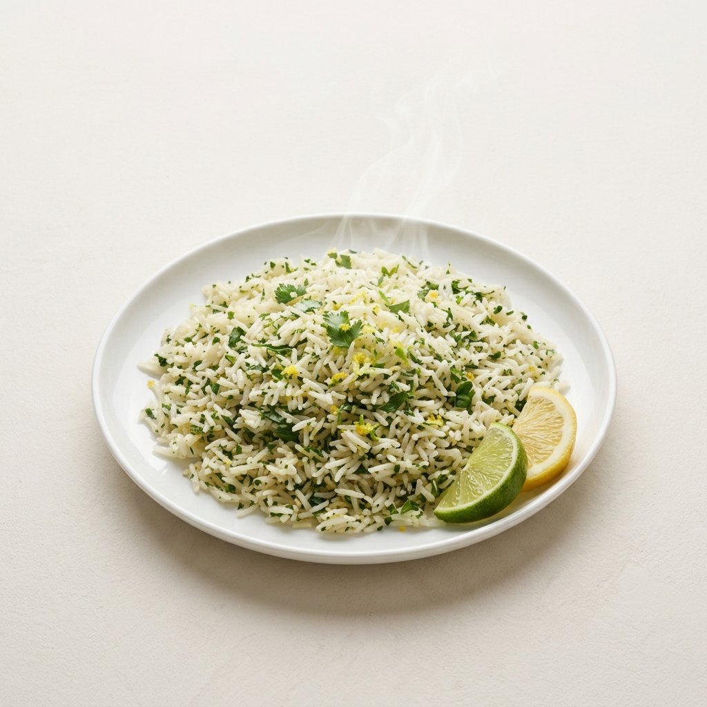 Lemon lime herb rice on a white plate | Banchan365