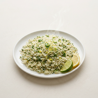 Lemon lime herb rice on a white plate | Banchan365