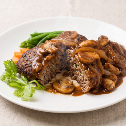 Close-up of Housemade Korean hamburger steak | Banchan365