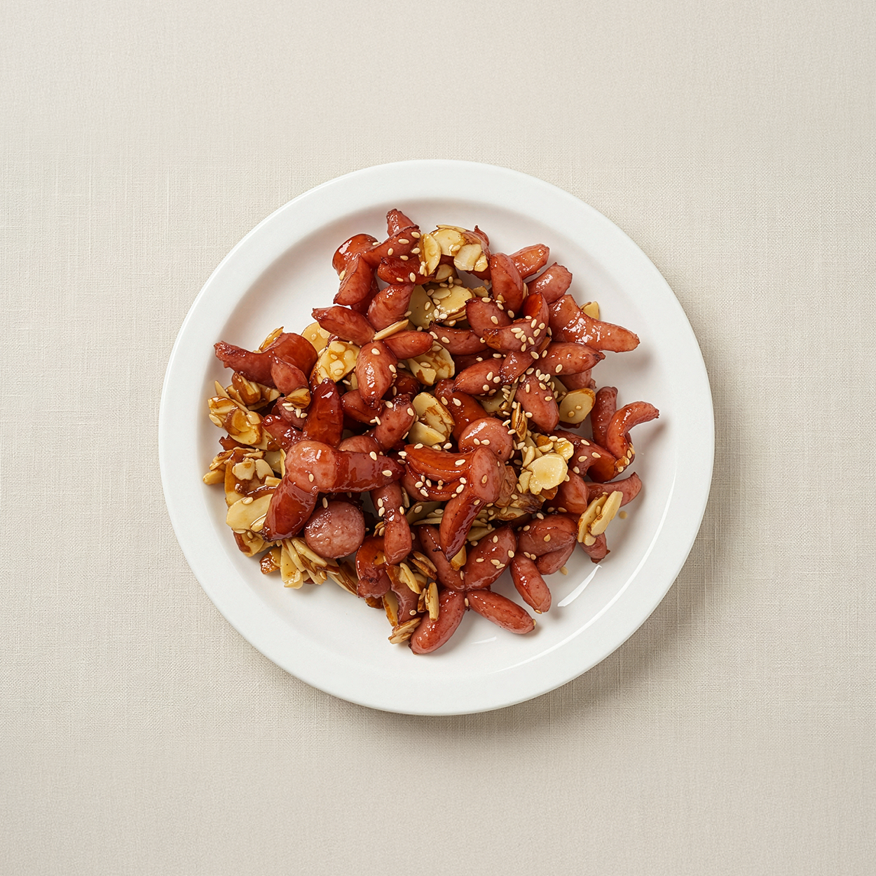 Sausage with almond gangjeong (Korean sweet and crispy sausage) | Banchan365
