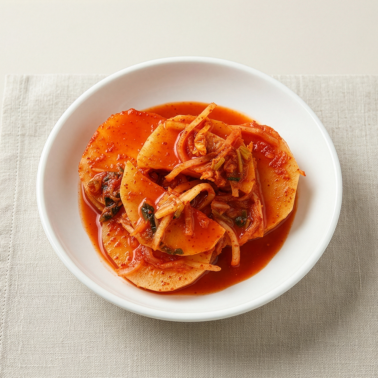 Close-up view of Jeju seokbakji (Korean sliced radish kimchi, Jeju style) | Banchan365