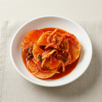 Close-up view of Jeju seokbakji (Korean sliced radish kimchi, Jeju style) | Banchan365