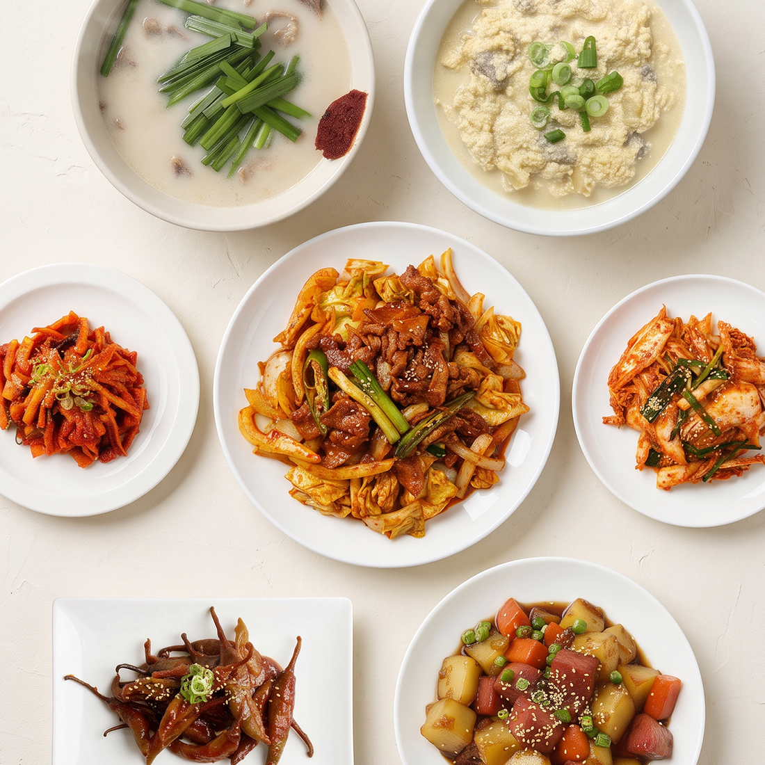 Spicy Pork (Jeyuk) Home Dinner Set – Korean dinner spread with spicy pork and banchan | Banchan365