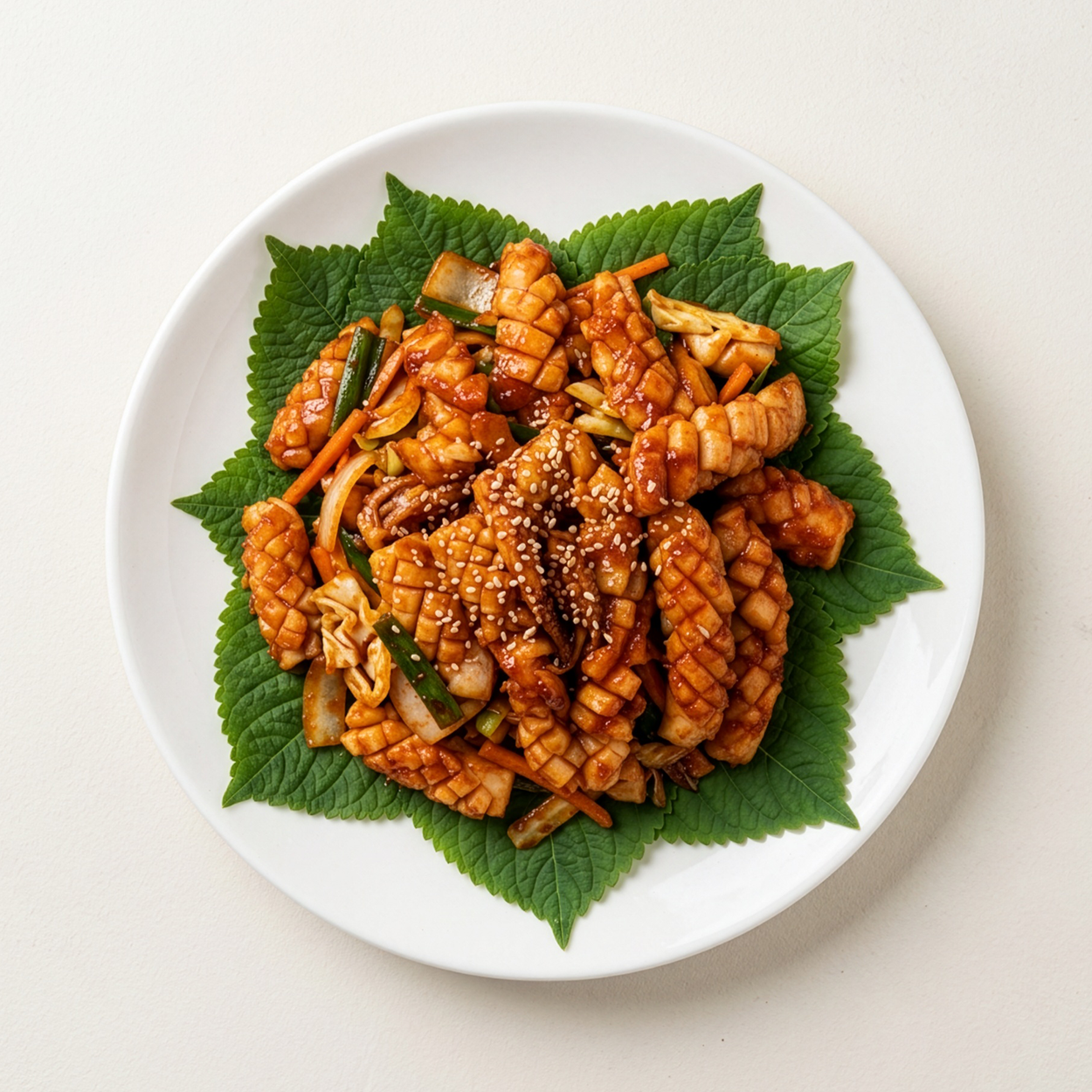 A top-down view of a Korean stir-fried squid dish served on a white plate with a large green leaf base and sprinkled sesame seeds, set against a plain off-white background.