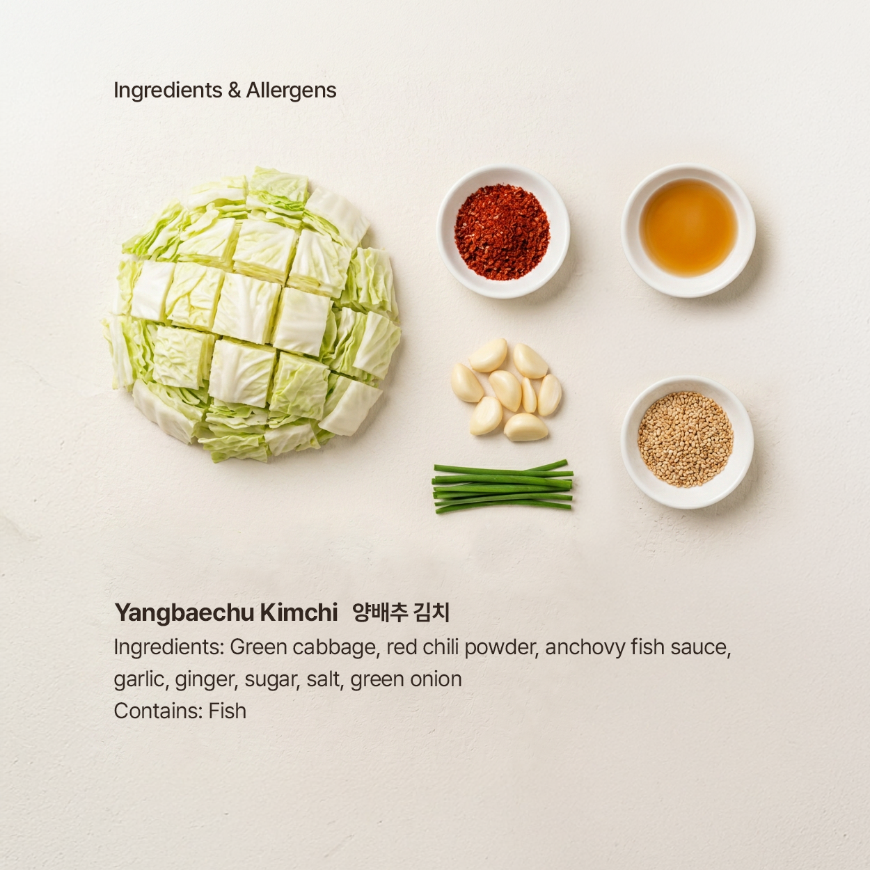 Ingredients for Yangbaechu-kimchi, Korean green cabbage kimchi | Banchan365