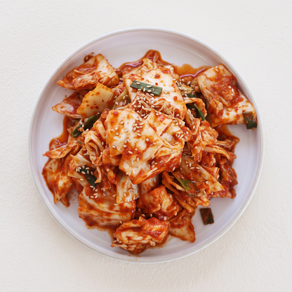 Overhead view of Yangbaechu-kimchi, Korean green cabbage kimchi | Banchan365