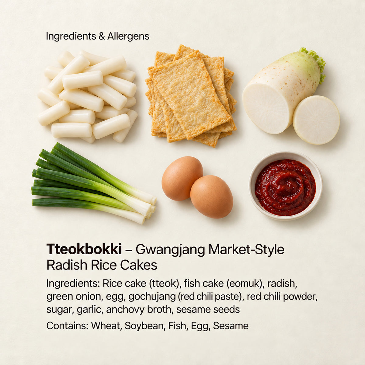 Ingredient and allergen guide for Tteokbokki – Gwangjang Market-Style Radish Rice Cakes. Ingredients: Rice cake (tteok), fish cake (eomuk), radish, green onion, egg, gochujang (red chili paste), red chili powder, sugar, garlic, anchovy broth, sesame seeds. Contains: Wheat, Soybean, Fish, Egg, Sesame.