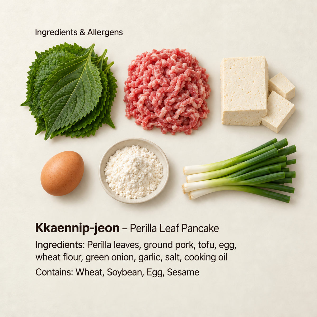 Ingredient and allergen guide for Kkaennip-jeon – Perilla Leaf Pancake. Ingredients: Perilla leaves, ground pork, tofu, egg, wheat flour, green onion, garlic, salt, cooking oil. Contains: Wheat, Soybean, Egg, Sesame.