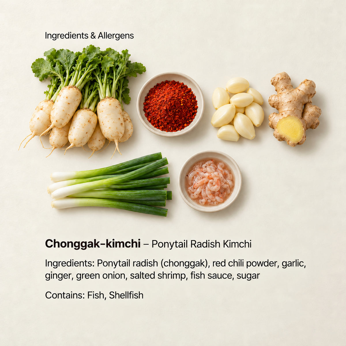 Ingredient and allergen guide for Chonggak-kimchi – Ponytail Radish Kimchi. Ingredients: Ponytail radish (chonggak), red chili powder, garlic, ginger, green onion, salted shrimp, fish sauce, sugar. Contains: Fish, Shellfish.