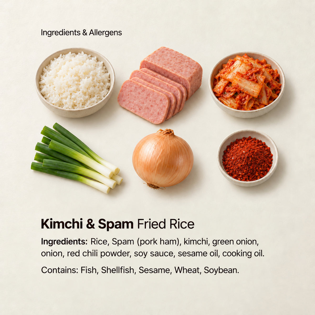 Ingredient and allergen guide for Kimchi &amp; Spam Fried Rice. Ingredients: Rice, Spam (pork ham), kimchi, green onion, onion, red chili powder, soy sauce, sesame oil, cooking oil. Contains: Fish, Shellfish, Sesame, Wheat, Soybean.