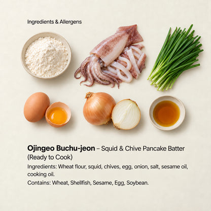 Ingredient and allergen guide for Ojingeo Buchu-jeon – Squid &amp; Chive Pancake Batter (Ready to Cook). Ingredients: Wheat flour, squid, chives, egg, onion, salt, sesame oil, cooking oil. Contains: Wheat, Shellfish, Sesame, Egg, Soybean.