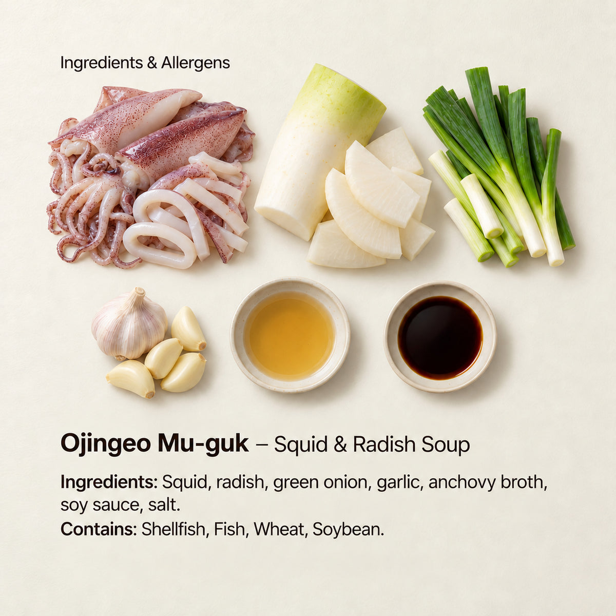 Ingredient and allergen guide for Ojingeo Mu-guk – Squid &amp; Radish Soup. Ingredients: Squid, radish, green onion, garlic, anchovy broth, soy sauce, salt. Contains: Shellfish, Fish, Wheat, Soybean.