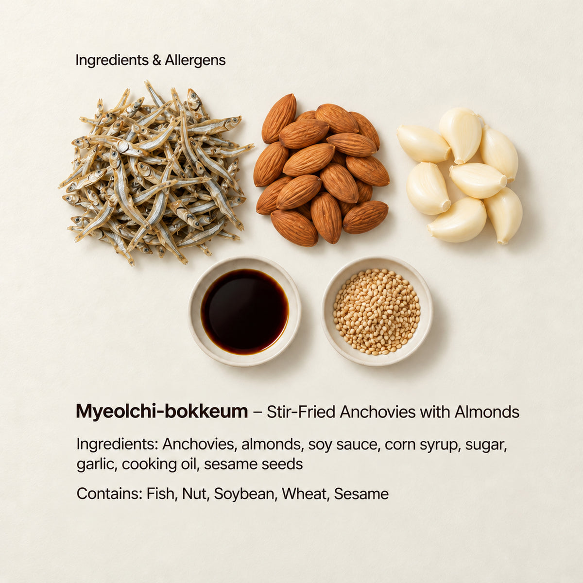 Ingredient and allergen guide for Myeolchi-bokkeum – Stir-Fried Anchovies with Almonds. Ingredients: Anchovies, almonds, soy sauce, corn syrup, sugar, garlic, cooking oil, sesame seeds. Contains: Fish, Nut, Soybean, Wheat, Sesame.