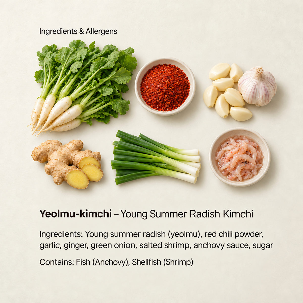 Ingredient and allergen guide for Yeolmu-kimchi – Young Summer Radish Kimchi. Ingredients: Young summer radish (yeolmu), red chili powder, garlic, ginger, green onion, salted shrimp, anchovy sauce, sugar. Contains: Fish (Anchovy), Shellfish (Shrimp).