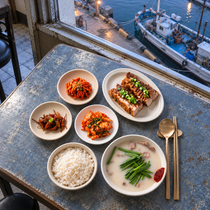 Busan-style pork gukbap and bossam Korean meal set with kimchi, seasoned radish, pickled peppers and rice.
