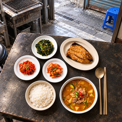 Grilled mackerel and doenjang jjigae meal set with chwinamul greens, seasoned radish, kimchi and rice.