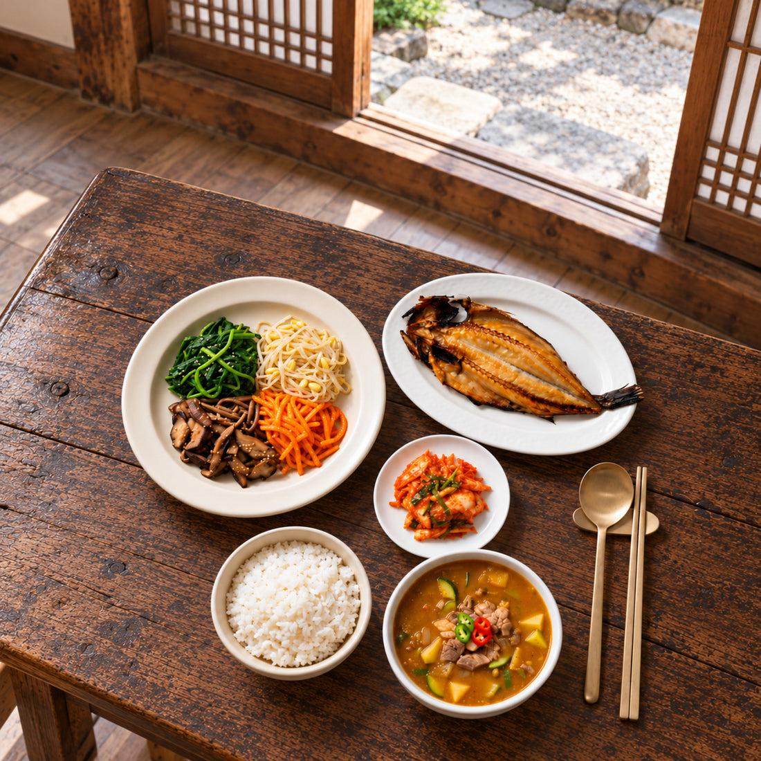 Jeonju-style bibimbap vegetables and grilled Atka mackerel meal set with doenjang jjigae, kimchi and rice.