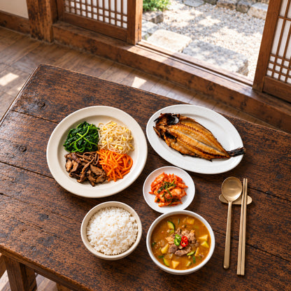 Jeonju-style bibimbap vegetables and grilled Atka mackerel meal set with doenjang jjigae, kimchi and rice.
