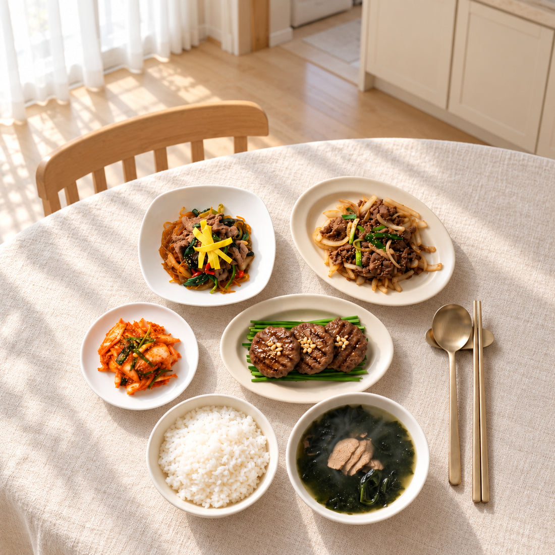 Korean birthday meal set with beef seaweed soup, bulgogi, japchae, tteokgalbi patties, kimchi and rice.