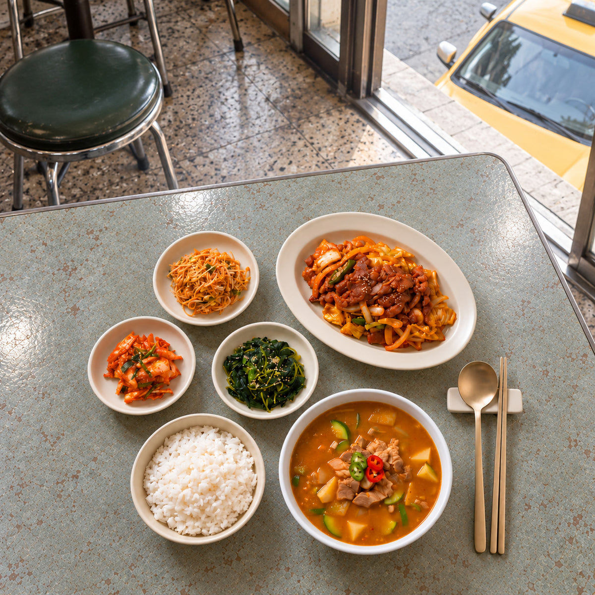 Spicy pork and doenjang jjigae Korean meal set with bean sprouts, chwinamul greens, kimchi and rice.