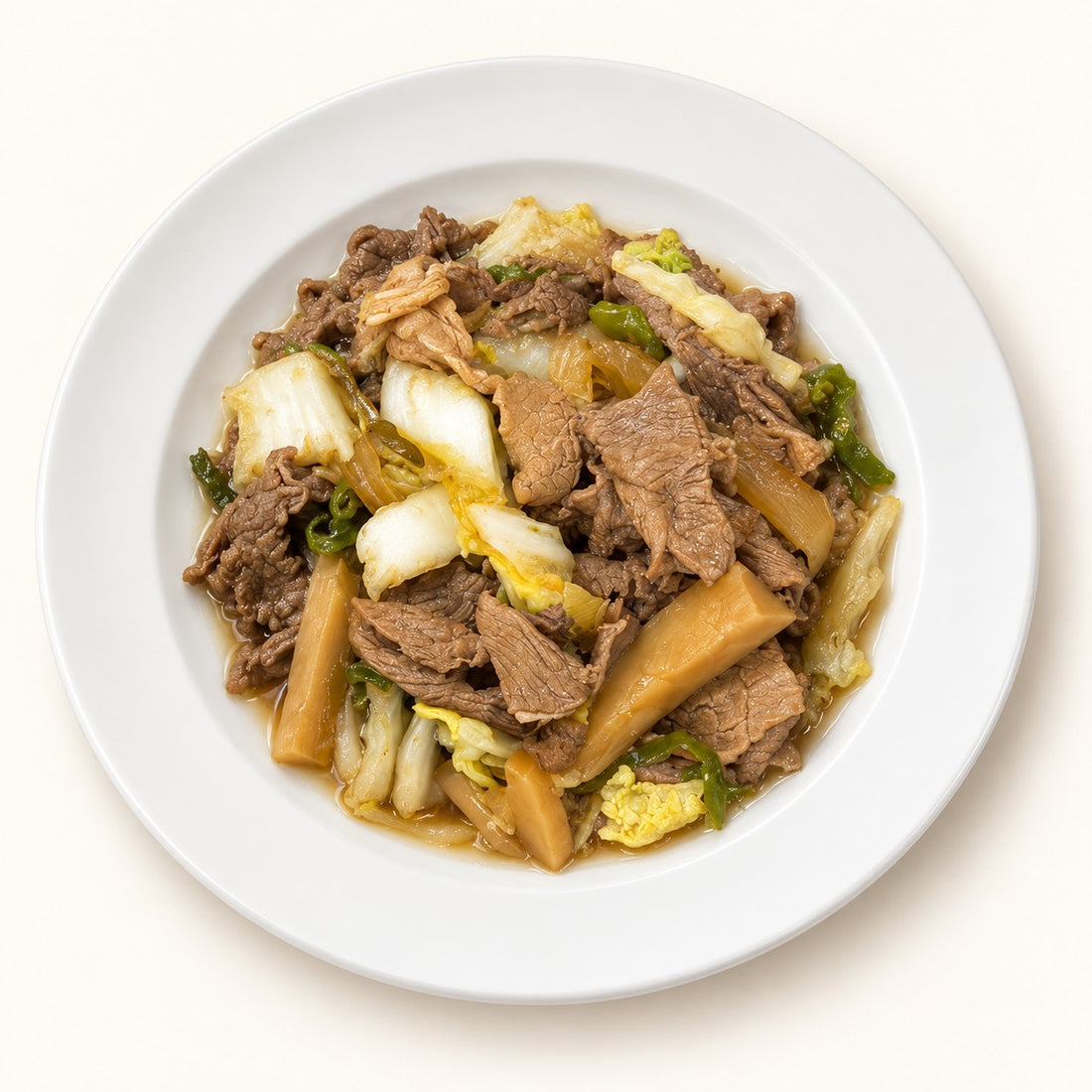 Beef Sukiyaki – sliced beef simmered with napa cabbage and vegetables in soy broth, fully cooked and frozen | Banchan365