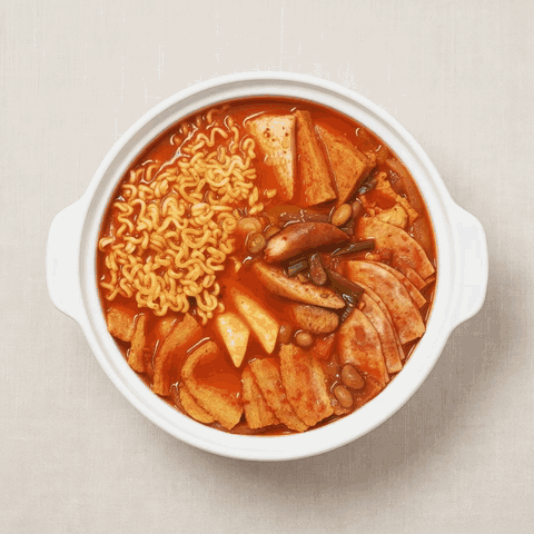 Banchan365 Bubbling budae jjigae, Korean army stew with sausage and kimchi