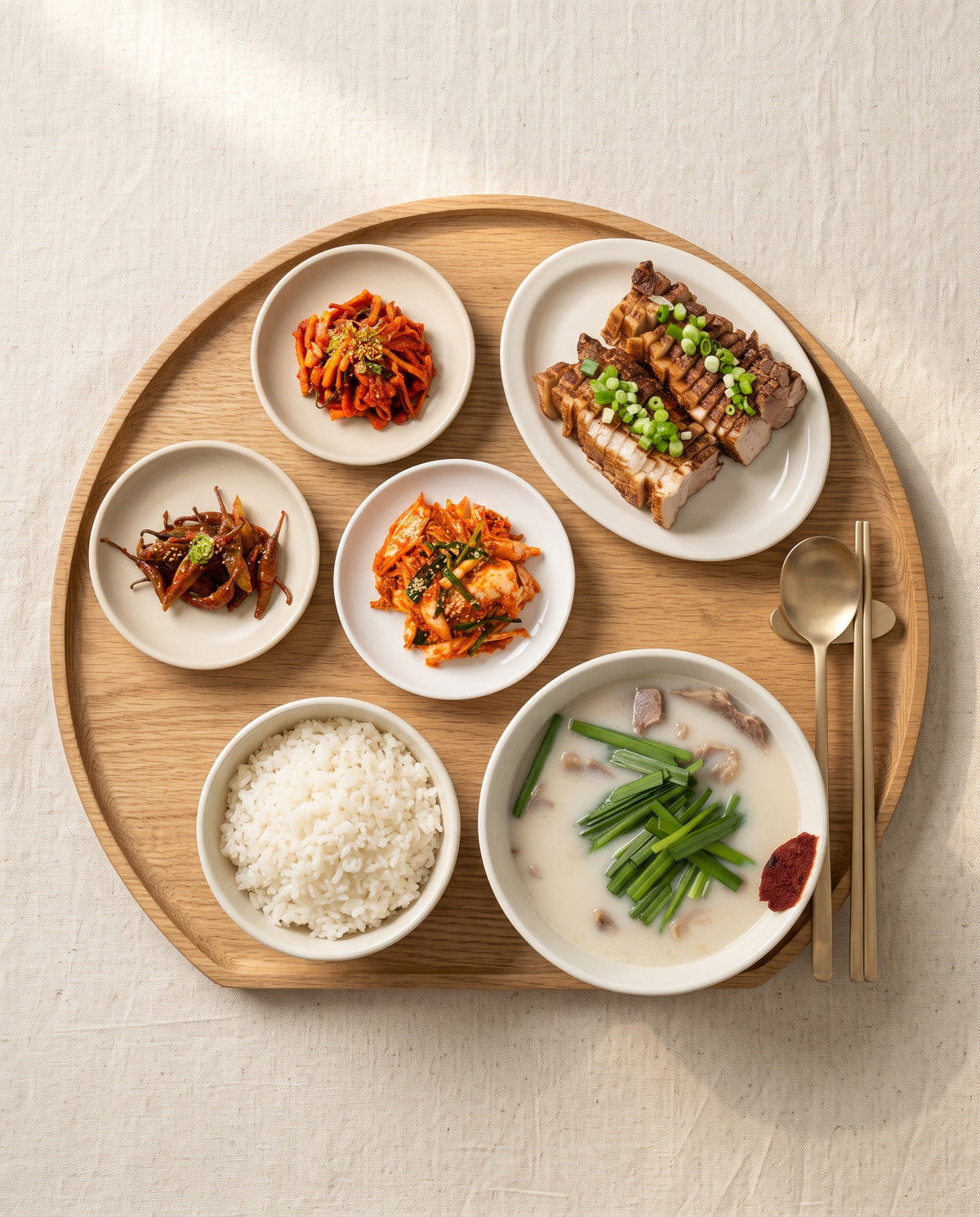 Busan Harbor at Dawn – pork gukbap, bossam, seasoned radish, pickled peppers and kimchi with rice | Banchan365