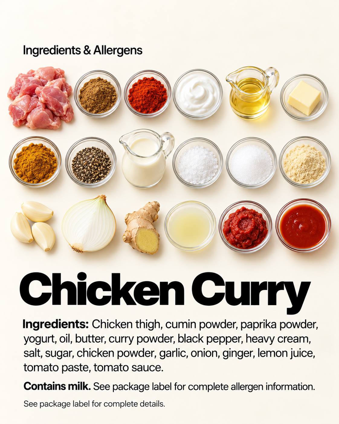 Ingredient and allergen guide for Curry Sauce with Chicken. Ingredients: chicken thigh, cumin powder, paprika powder, yogurt, oil, butter, curry powder, black pepper, heavy cream, salt, sugar, chicken powder, garlic, onion, ginger, lemon juice, tomato paste, tomato sauce. Contains milk. | Banchan365