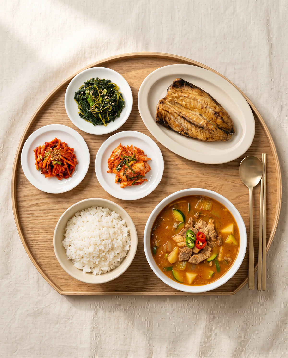 Dongdaemun Grilled Fish Alley – grilled mackerel, doenjang jjigae, aster greens, seasoned radish and kimchi with rice | Banchan365
