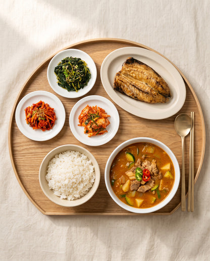 Dongdaemun Grilled Fish Alley – grilled mackerel, doenjang jjigae, aster greens, seasoned radish and kimchi with rice | Banchan365