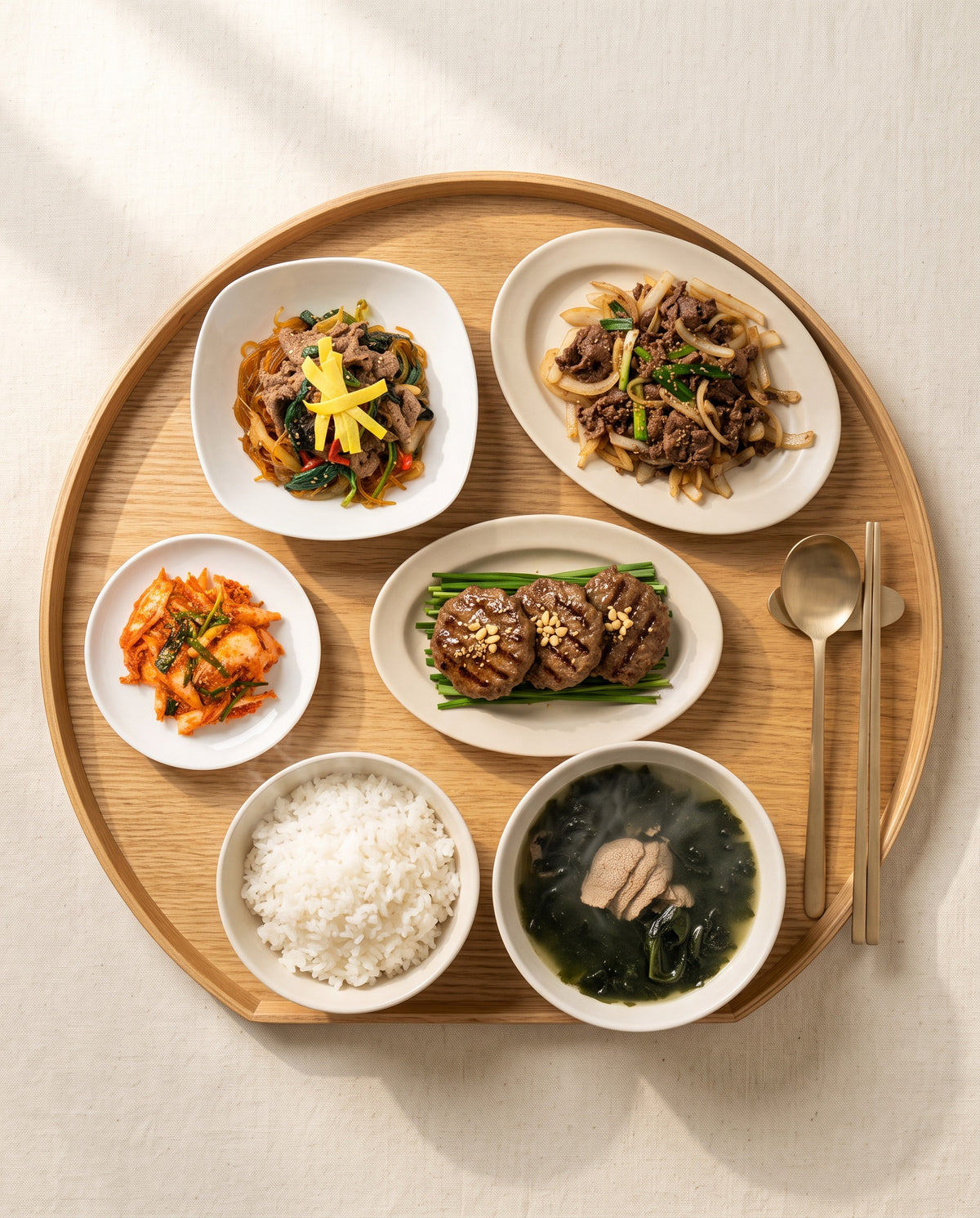 Korean Birthday Morning – beef seaweed soup, bulgogi, japchae, Damyang tteokgalbi and kimchi with rice | Banchan365