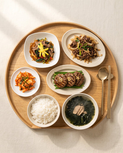 Korean Birthday Morning – beef seaweed soup, bulgogi, japchae, Damyang tteokgalbi and kimchi with rice | Banchan365