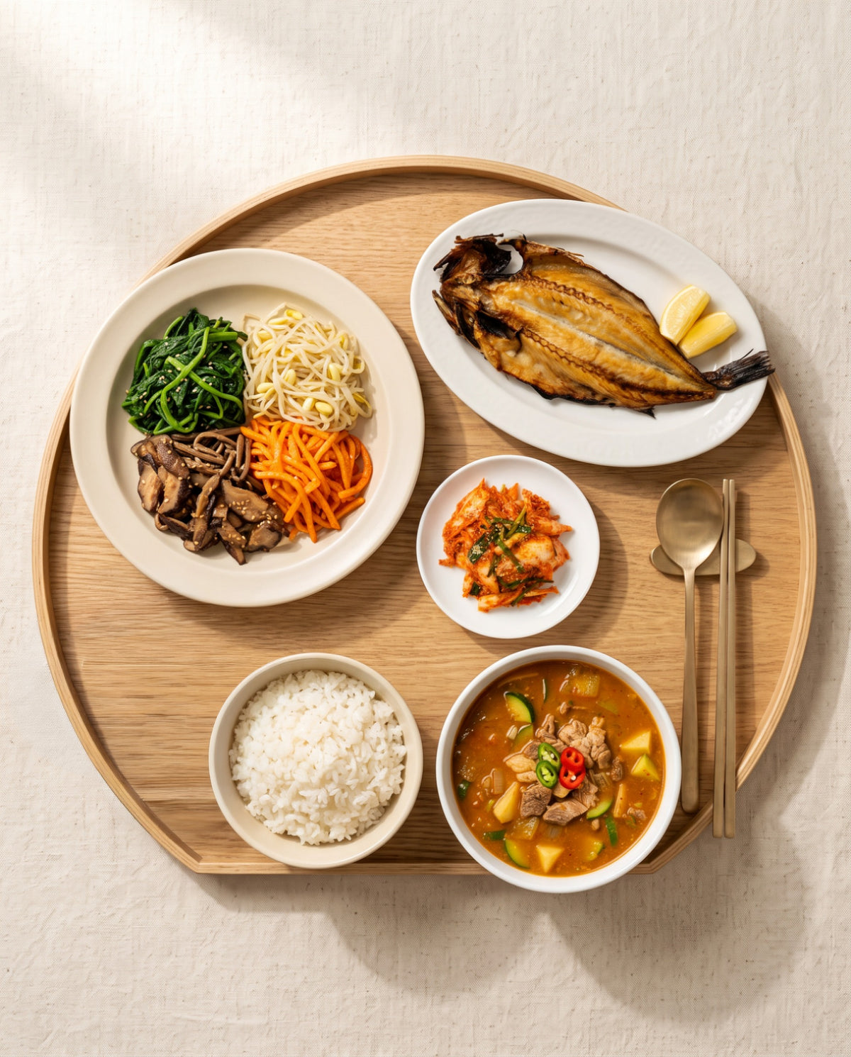 A Bibimbap Lunch in Jeonju – bibimbap vegetables, grilled Atka mackerel, doenjang jjigae and kimchi with rice | Banchan365