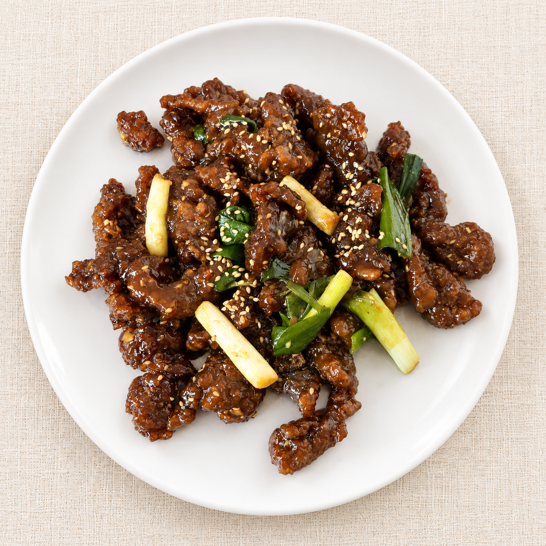 Mongolian BBQ – crispy soy-glazed beef with green onion and sesame, fully cooked | Banchan365