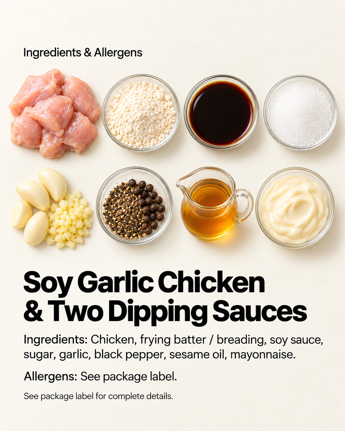Ingredient and allergen guide for Soy Garlic Chicken w/ Chicken Mayo. Ingredients: chicken, frying batter / breading, soy sauce, sugar, garlic, black pepper, sesame oil, mayonnaise. Allergens: see package label. | Banchan365